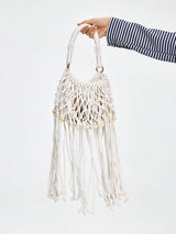 🐚🤍 Fairycore Woven Tote Bag – Striped Beige Shell Decor Mini Top Handle Bag