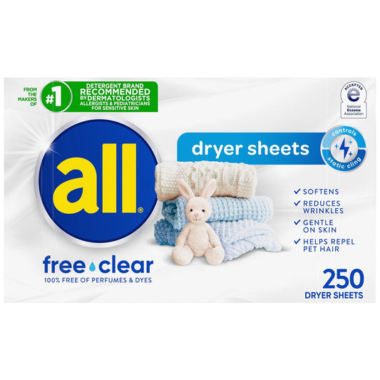 all Fabric Softener Dryer Sheets, Free Clear – 250 Count