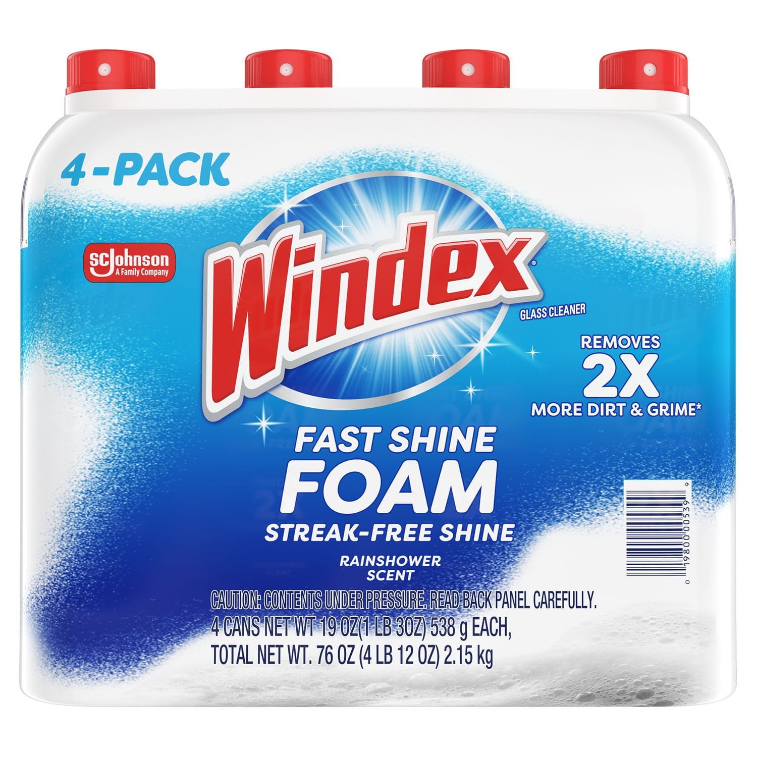 Windex Fast Shine Foam Glass Cleaner, No-Drip Aerosol Cleaning Spray – 19 oz, 4 Pack