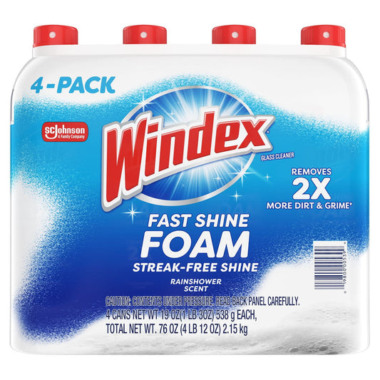 Windex Fast Shine Foam Glass Cleaner, No-Drip Aerosol Cleaning Spray – 19 oz, 4 Pack