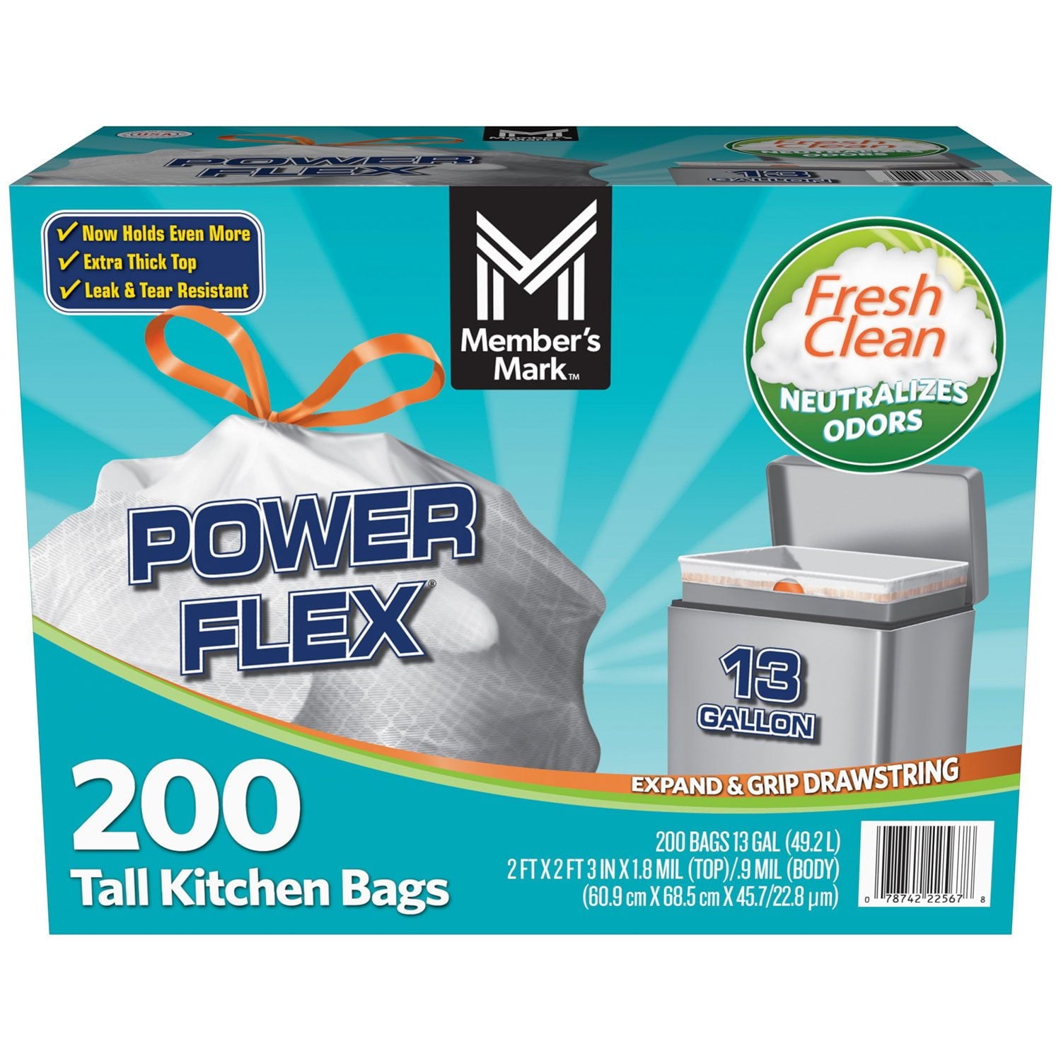 Member's Mark Power Flex 13-Gallon Tall Kitchen Trash Bags, Fresh Scent – 200 Count
