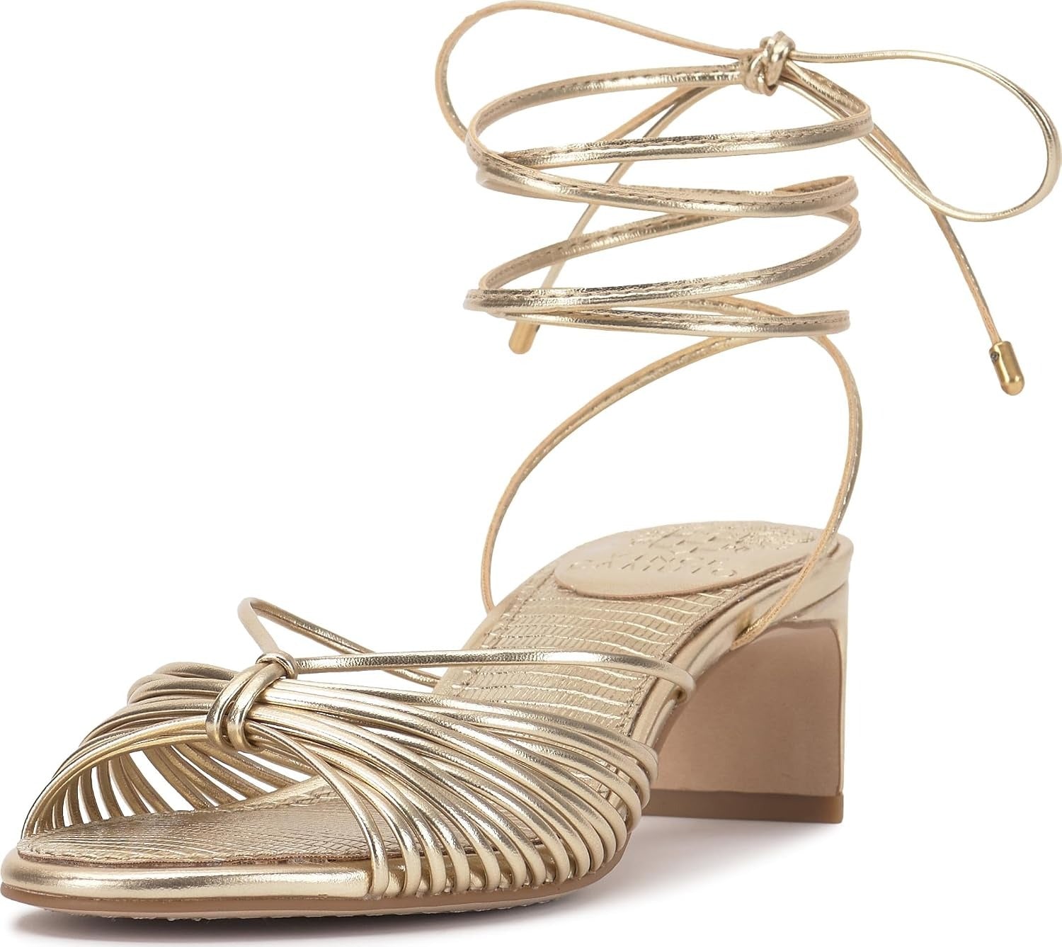 Vince Camuto Lory Ankle Wrap Kitten Heel Sandals - Egyptian Gold (Size 6.5M)