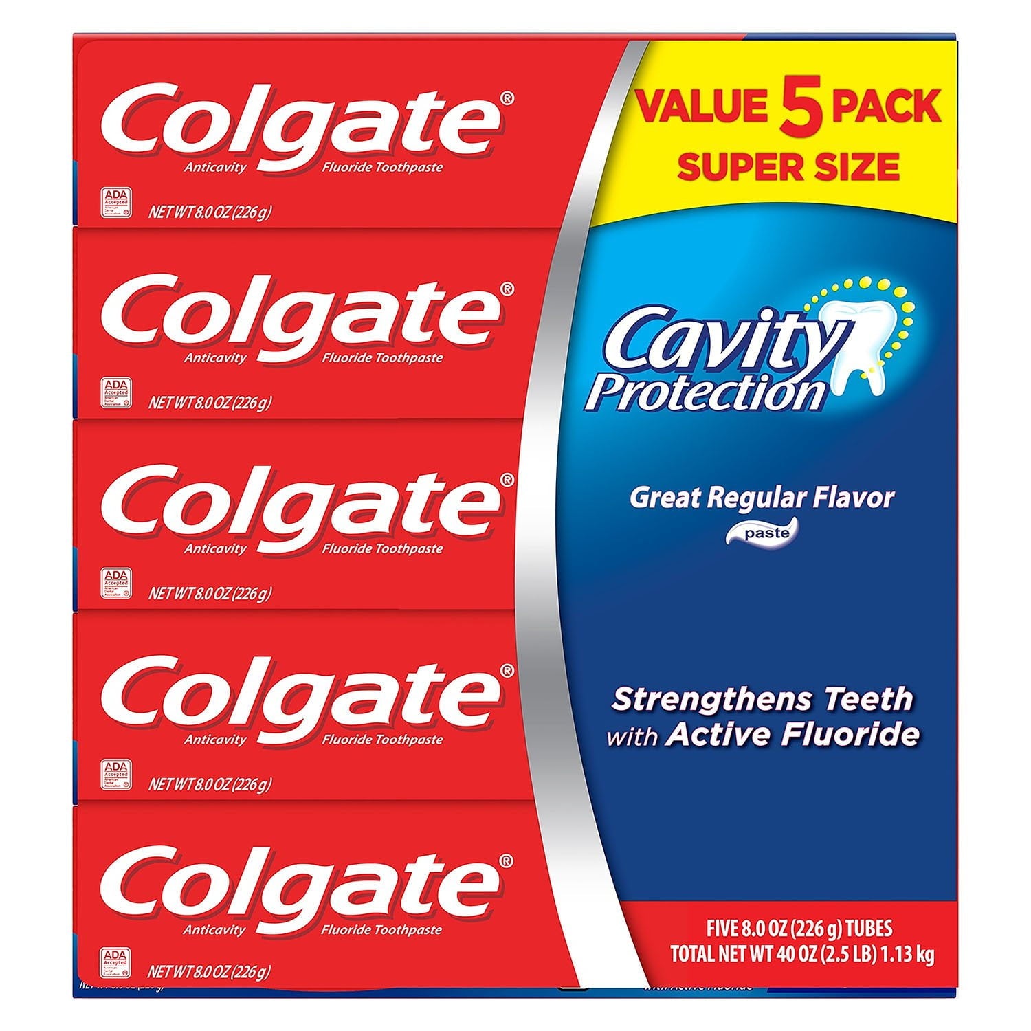 Colgate Cavity Protection Toothpaste with Fluoride, Regular Flavor – 8 oz, 5 Pack