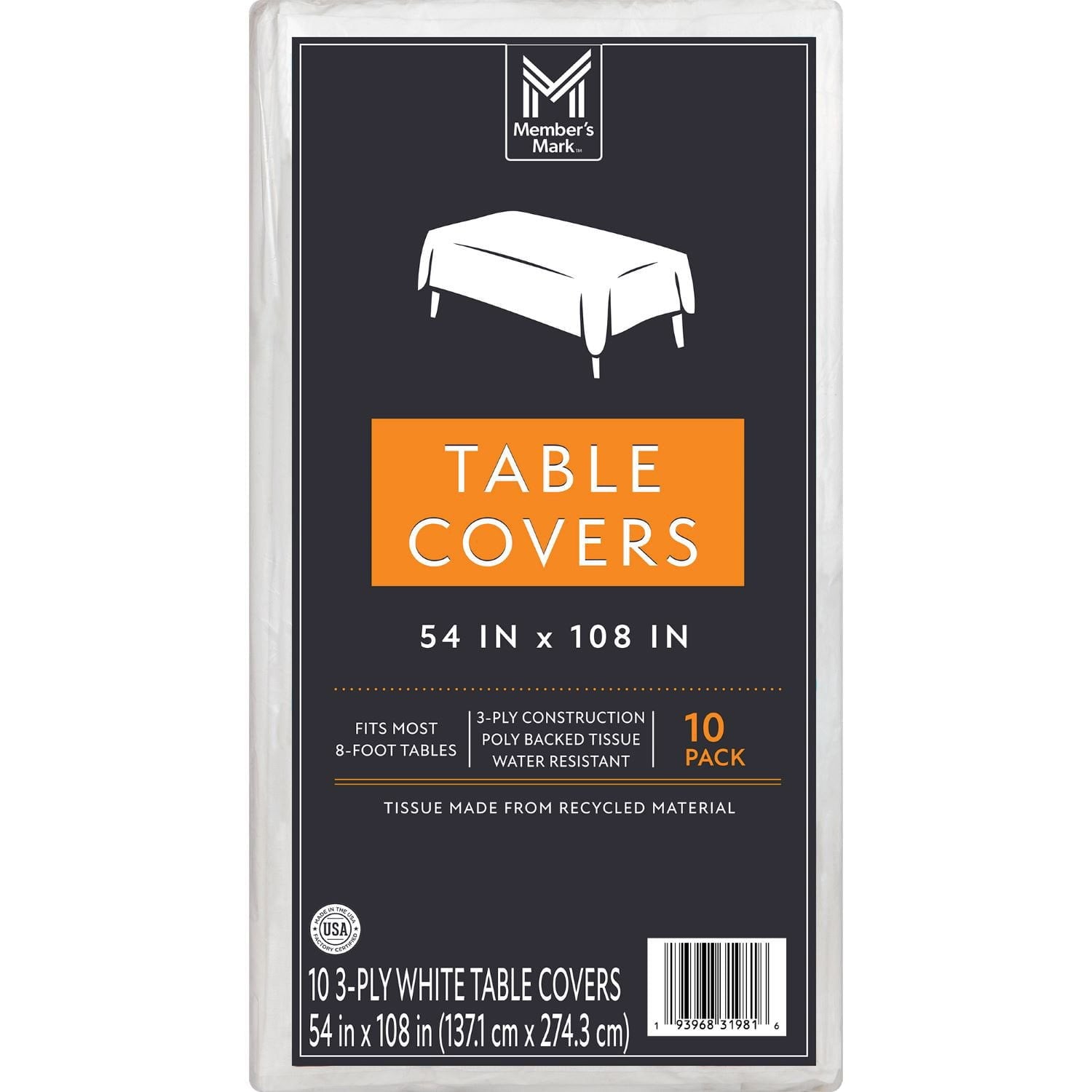 Member's Mark White 3-Ply Tissue Tablecovers, 54" x 108" – 10 Pack