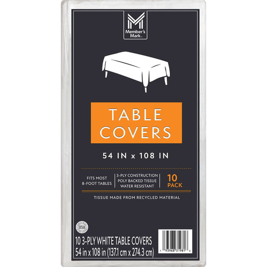 Member's Mark White 3-Ply Tissue Tablecovers, 54" x 108" – 10 Pack
