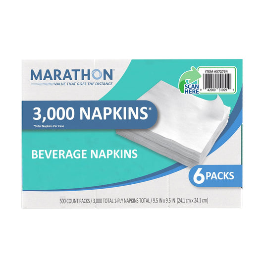 Marathon Embossed 1-Ply White Beverage Napkins – 6 Pack, 3000 Count