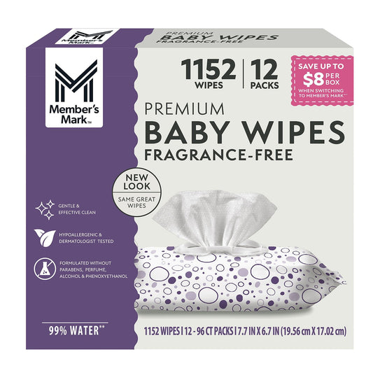 Member's Mark Premium Baby Wipes, Fragrance Free – 12 Pack, 1152 Wipes