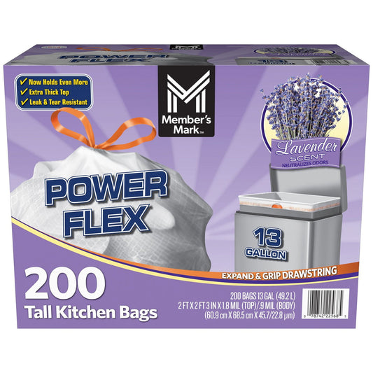 Member's Mark Power Flex 13-Gallon Tall Kitchen Trash Bags, Lavender – 200 Count