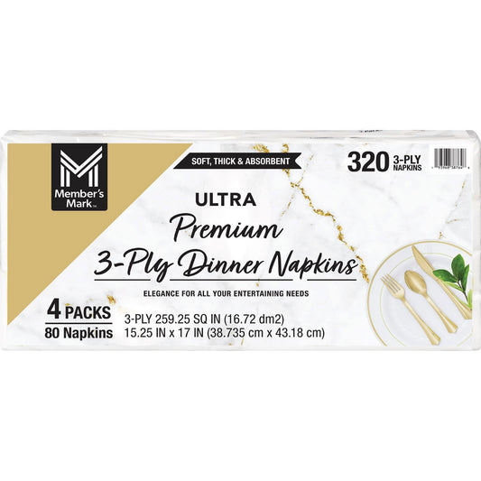 Member's Mark Ultra Premium 3-Ply White Dinner Napkins – 4 Packs., 80 napkins/pk