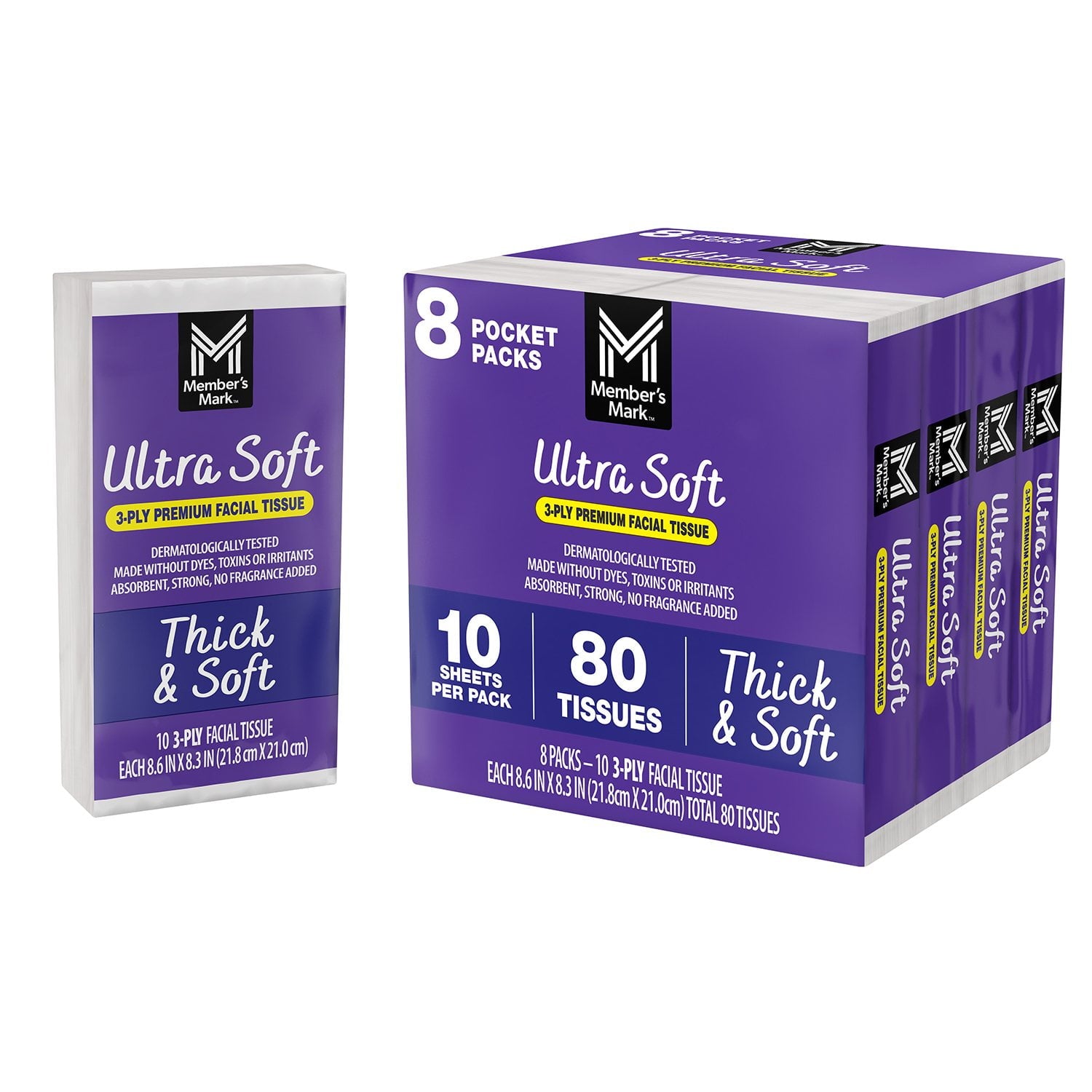 Member's Mark Members Mark Ultra Soft Pocket Pack Facial Tissue – 96 Packs., 10 tissues/pk