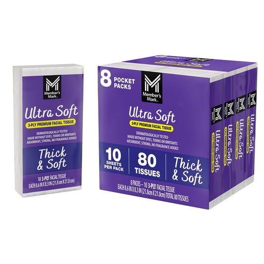 Member's Mark Members Mark Ultra Soft Pocket Pack Facial Tissue – 96 Packs., 10 tissues/pk