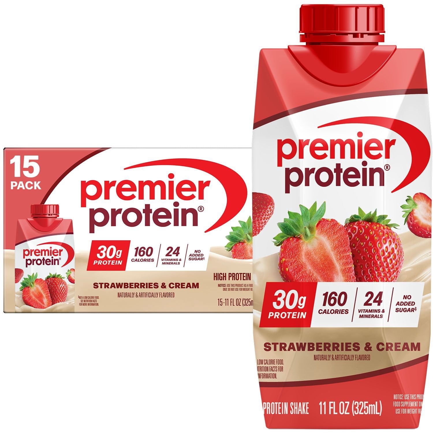 Premier Protein 30g High Protein Shake, Strawberries &amp; Cream 11 fl. oz., 15 pk.