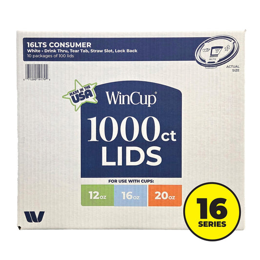 WinCup Lids with Drink Thru Tear Back and Straw Slot, 16 Series, White – 12 oz-20 oz, 1000 Count