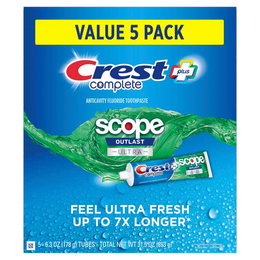 Crest Complete + Scope Outlast Ultra Toothpaste – 6.3 oz, 5 Pack