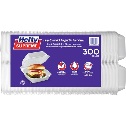 Hefty Supreme Large Sandwich Foam Hinged Lid Containers, 6" 300 Count