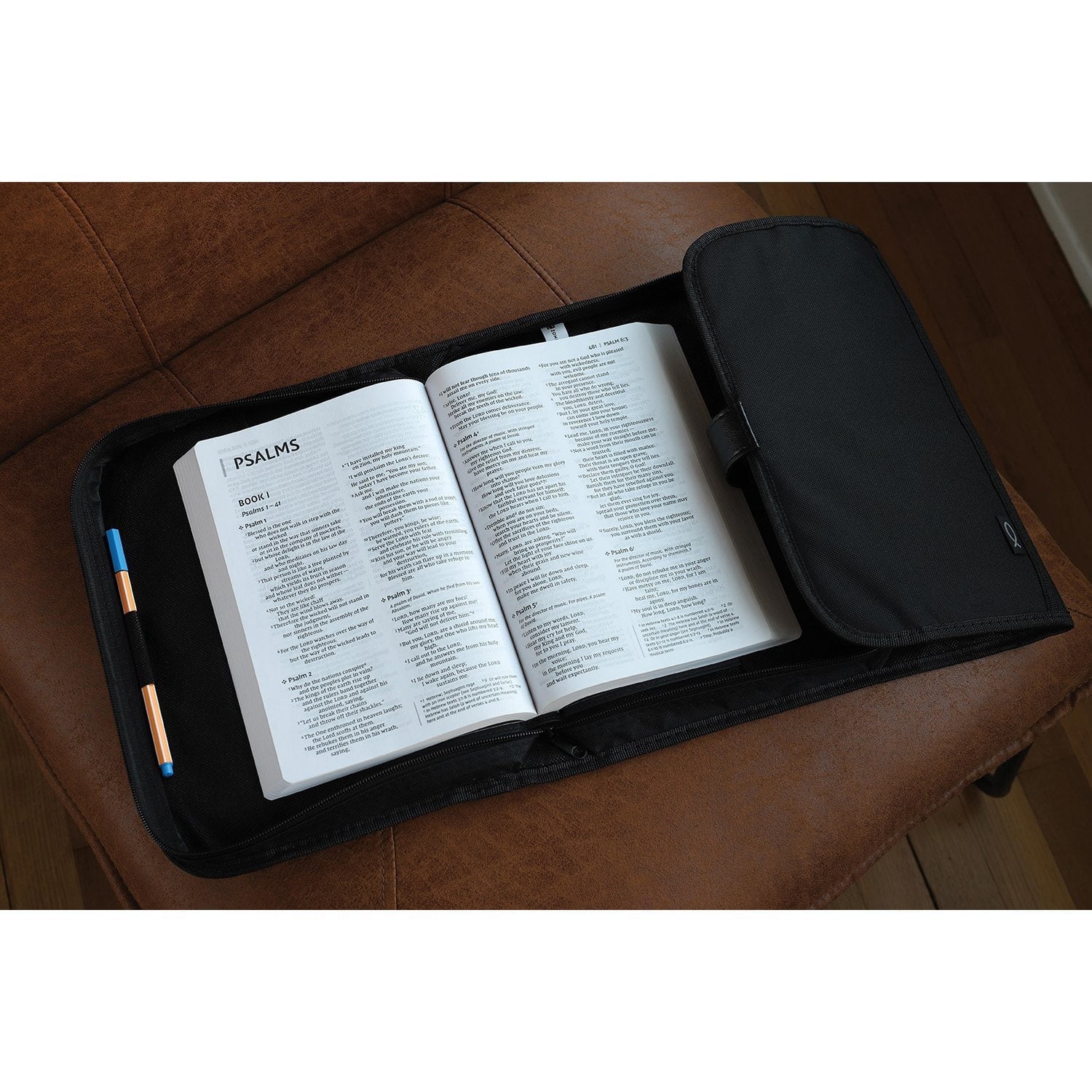XXL Black Nylon Tri-Fold Bible Cover with Bible Study Organizer, Velcro Closure
