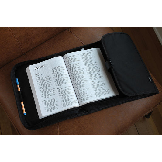 XXL Black Nylon Tri-Fold Bible Cover with Bible Study Organizer, Velcro Closure