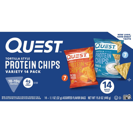 Quest Tortilla Style 18-19g Protein Chip Variety Pack, Nacho Cheese &amp; Ranch, 14 ct.