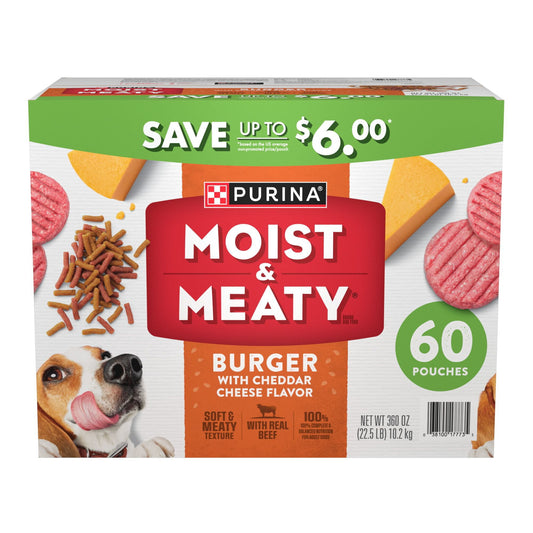 Purina Moist & Meaty Burger with Cheddar Cheese Flavor, Adult Dog Food, 6 oz., 60 ct