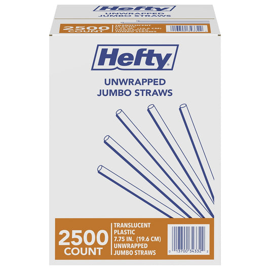 Hefty Jumbo Translucent Unwrapped Plastic Straws, 7.75" – 2500 Count