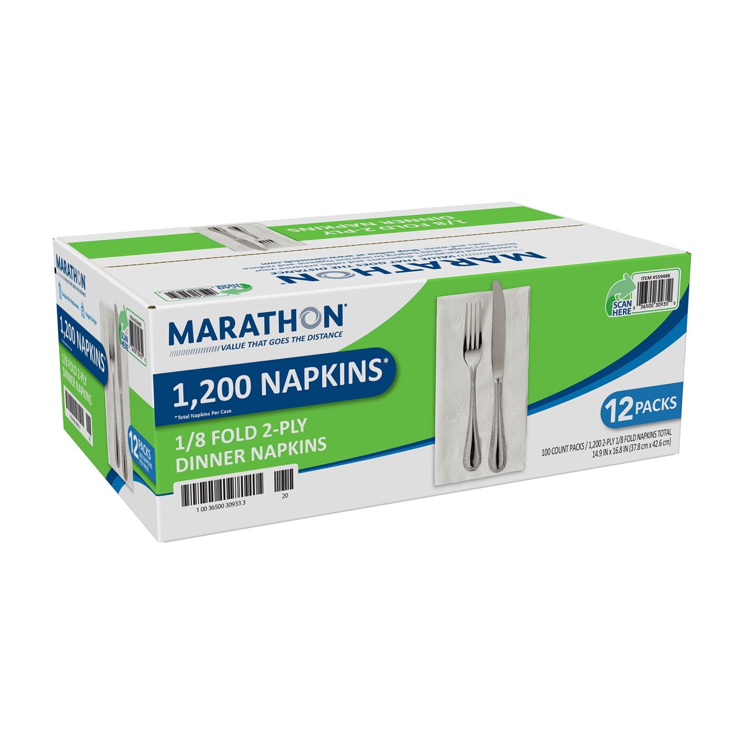 Marathon 1/8 Fold 2-Ply White Dinner Napkin – 12 Packs., 100 napkins/pk