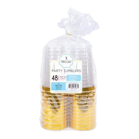 Tableluxe Premium Disposable Gold Rimmed Clear Plastic Tumbler – 16 fl oz, 48 Count