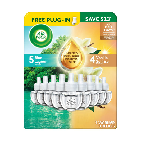 Air Wick Plug In Scented Oil Air Freshener, Blue Lagoon + Vanilla Sunrise, 1 Free Warmer + 9 Refills