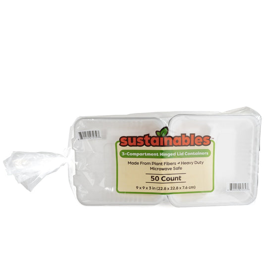 Kanak Sustainables™ 3 Compartment Hinged Lid To Go Food Container 9" x 9" – 50 Count