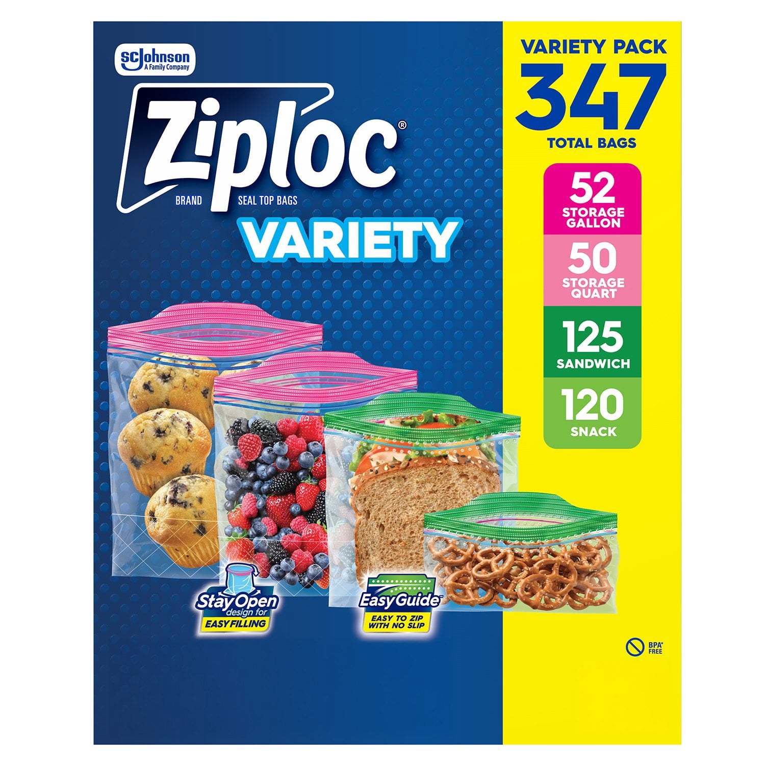 Ziploc Easy Open Bags Variety Pack with New Stay Open Design – 347 Count