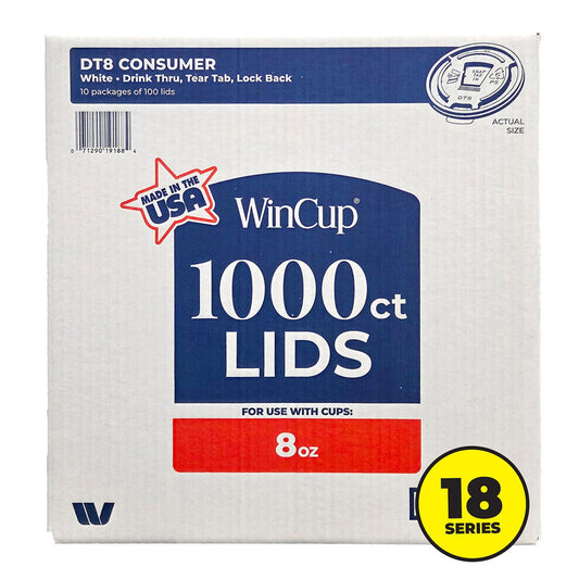 WinCup Lids with Drink Thru Tear Back 18 Series, White – 8 oz, 1000 Count