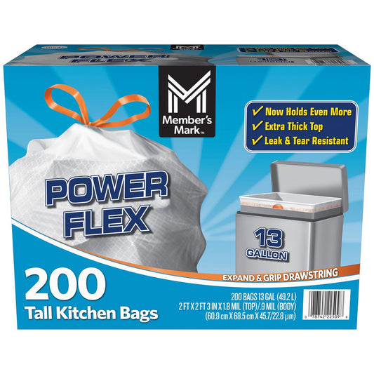 Member's Mark Power Flex 13-Gallon Tall Kitchen Trash Bags – 200 Count