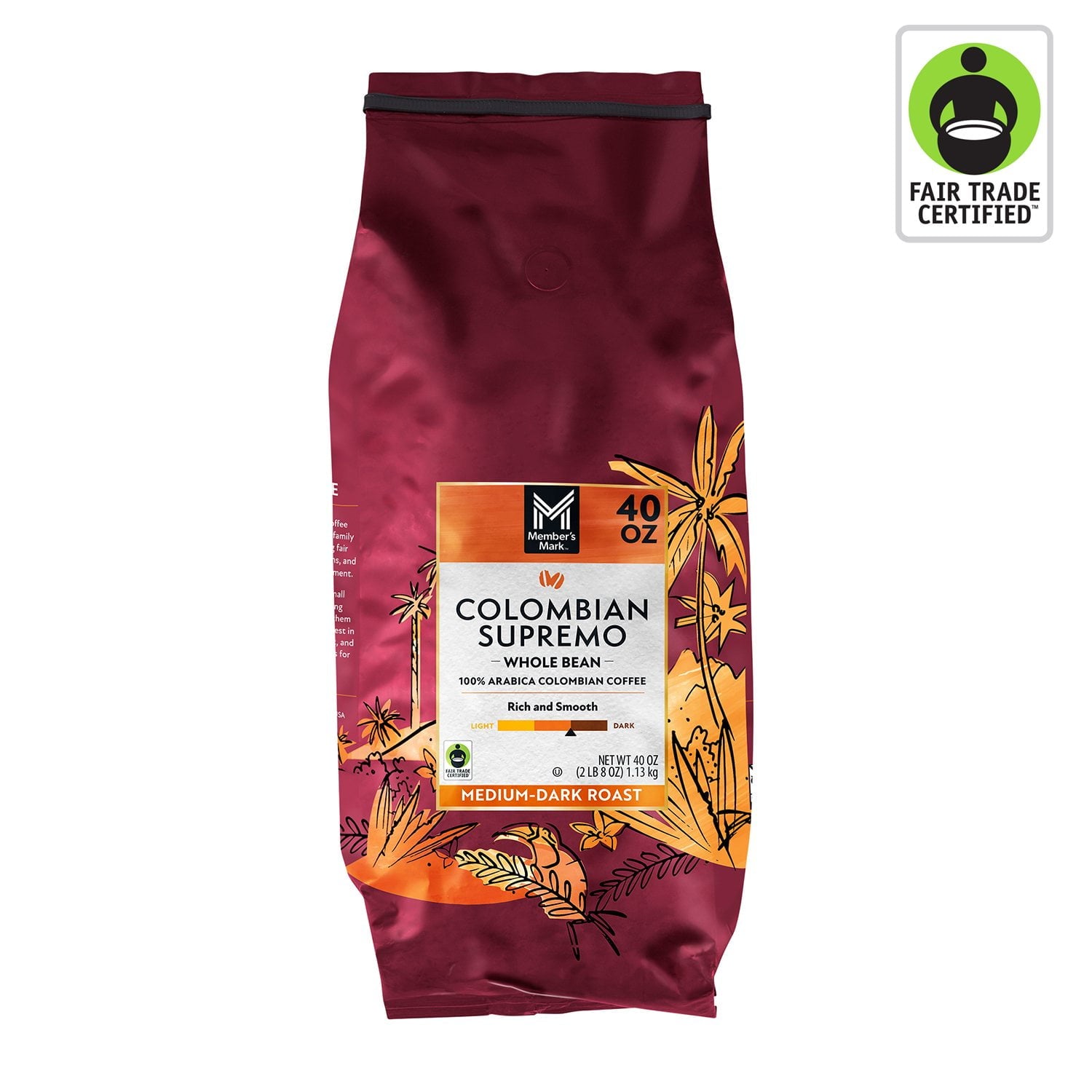Member's Mark Medium-Dark Roast Whole Bean Coffee, Colombian Supremo, 40 oz.