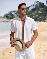 Men’s White Linen Blend Short Sleeve Shirt with Pocket – Large