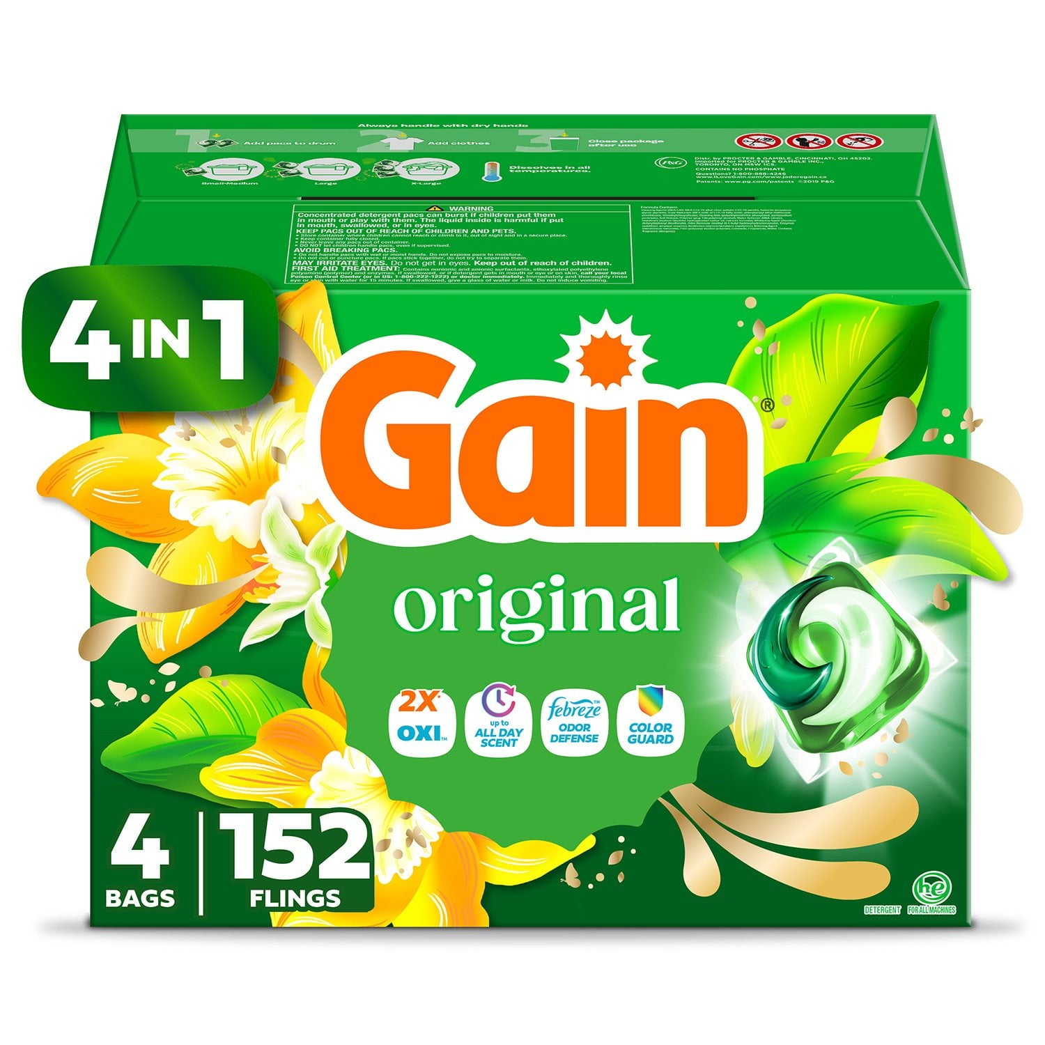 Gain Flings! 3 in 1 Laundry Detergent Pacs, Original Scents – 152 Count