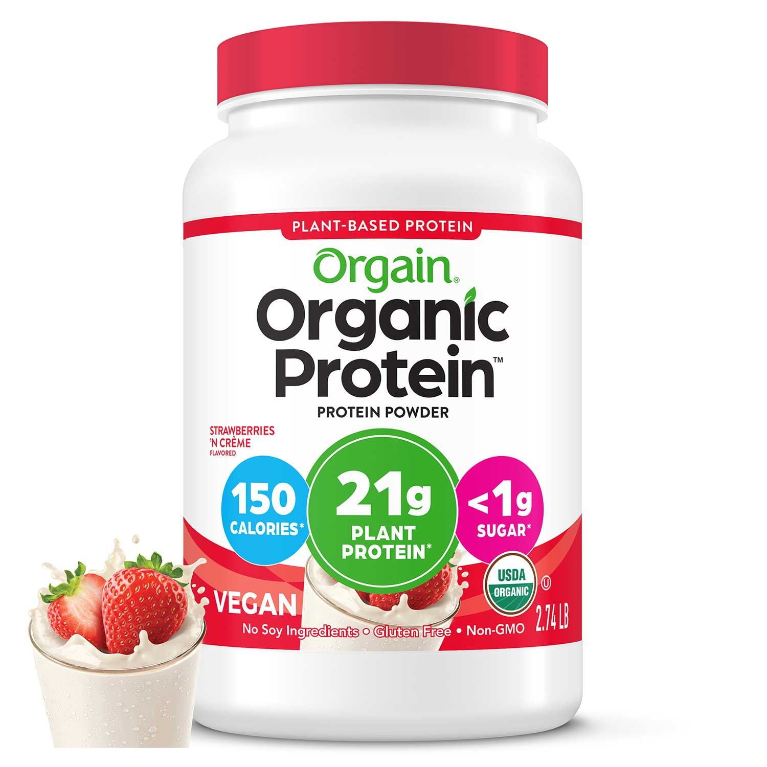 Orgain Organic Protein Powder Plant Based Strawberries &amp; Cream, 2.74 lbs.