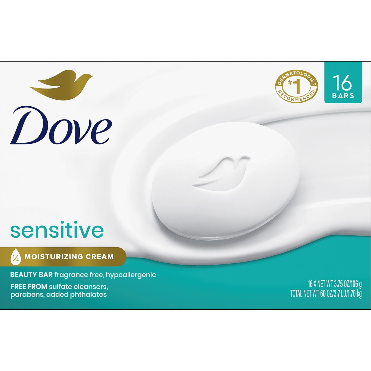 Dove Beauty Bar Soap, Sensitive Skin – 3.75 oz, 16 Count