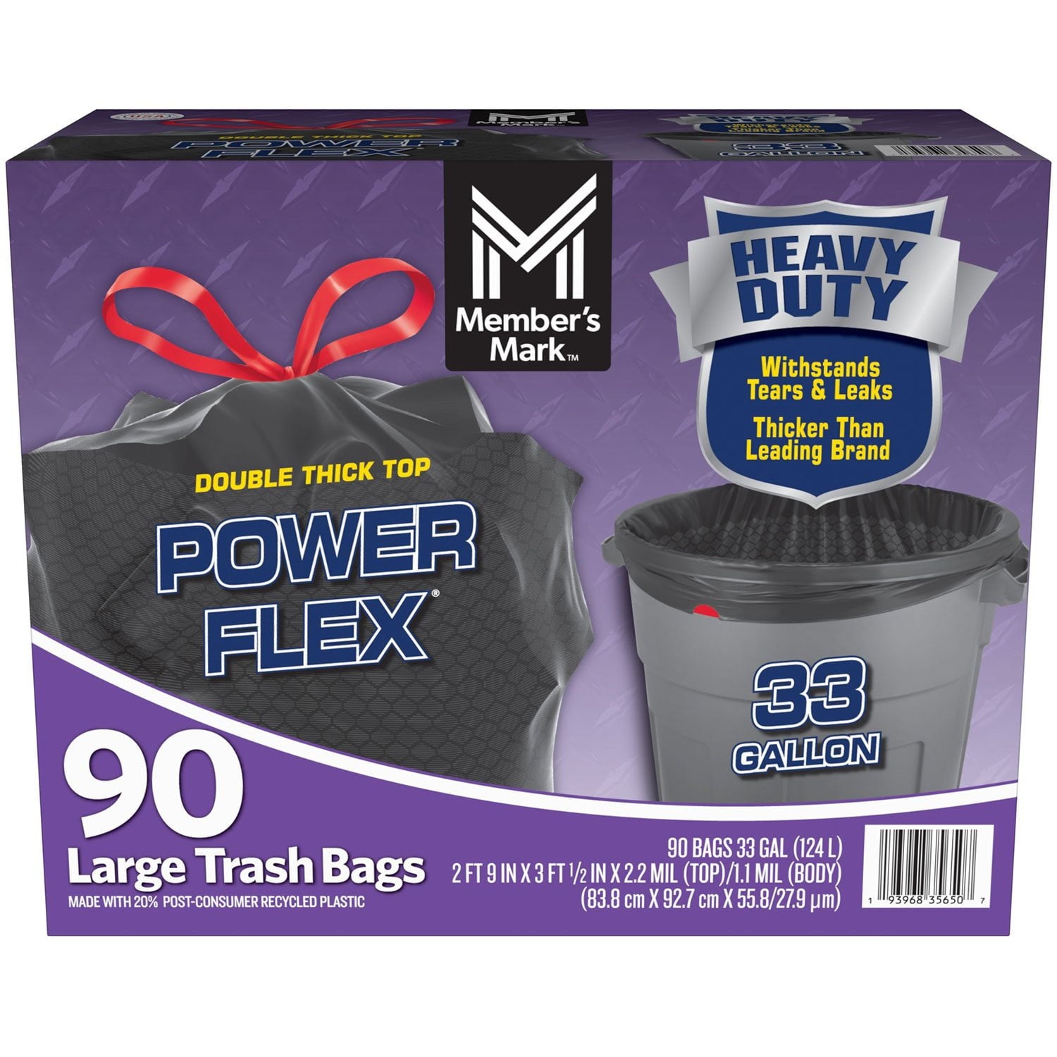 Member's Mark 33-Gallon Power Flex Drawstring Trash Bags 90 Count