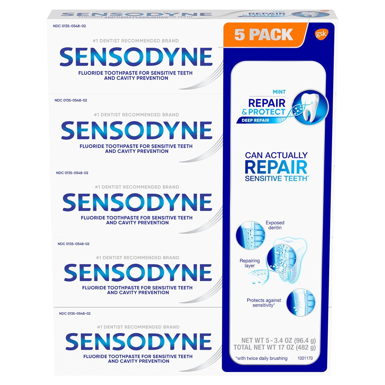 Sensodyne Repair & Protect Toothpaste for Sensitive Teeth – 3.4 oz, 5 Pack