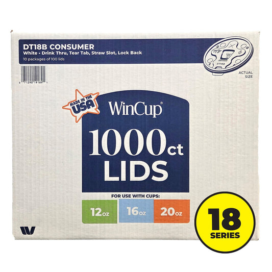 WinCup Lids with Drink Thru Tear Back and Straw Slot 18 Series, White, 12-20 oz – 1000 Count