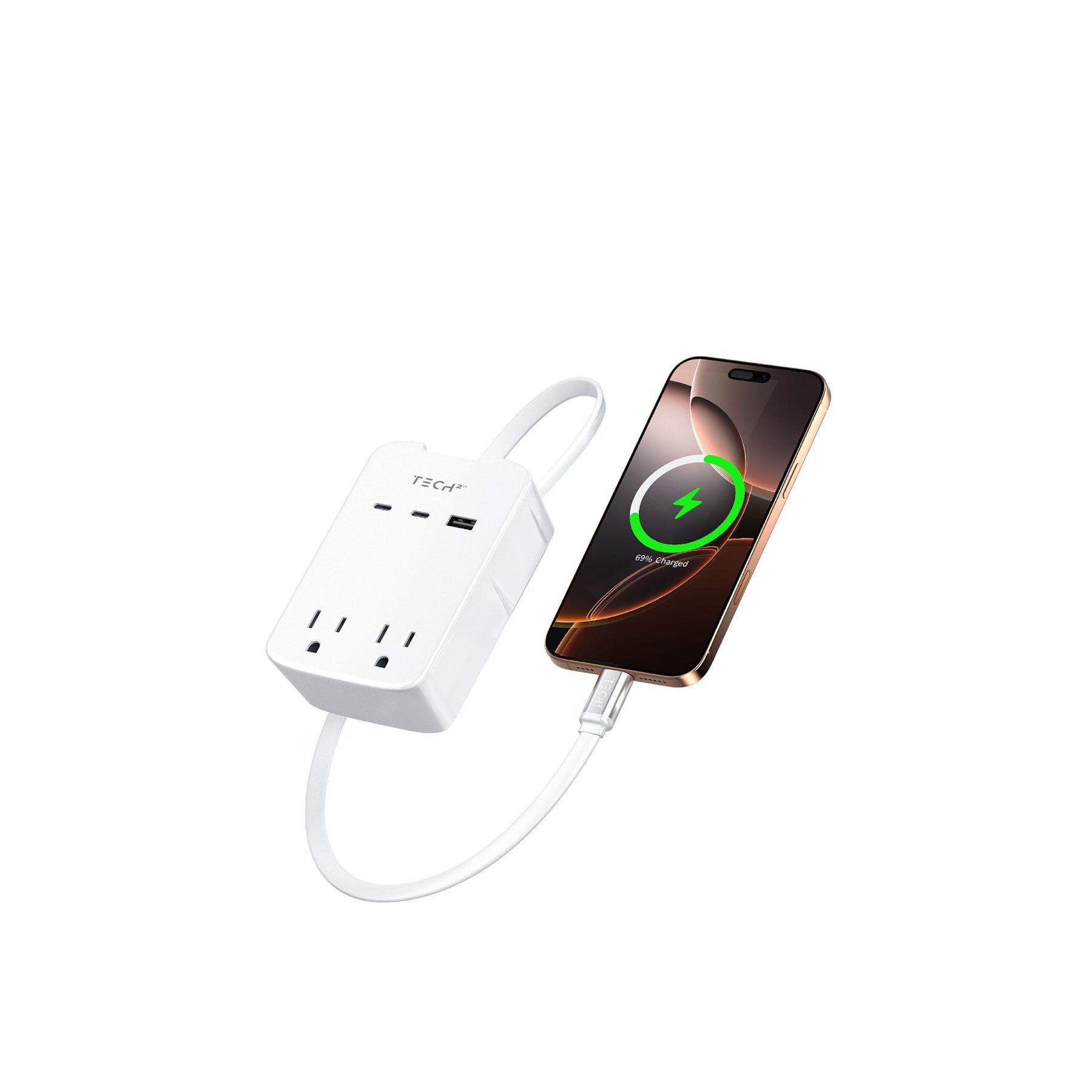 Tech Squared USB Wall Outlet Expander with Built in Retractable Cable