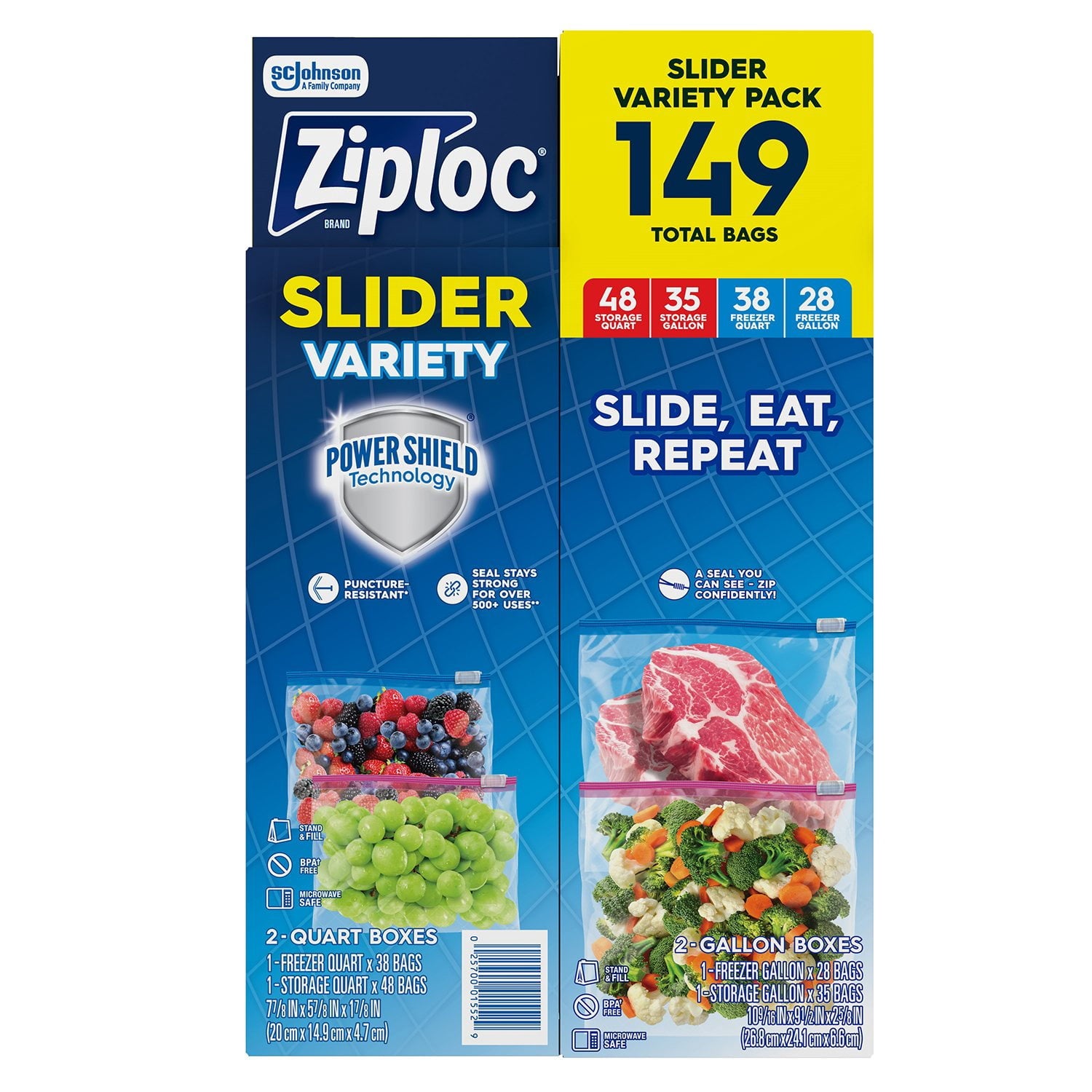 Ziploc Gallon Quart Freezer and Storage Slider Bags Variety Pack, Power Shield Technology – 149 Count