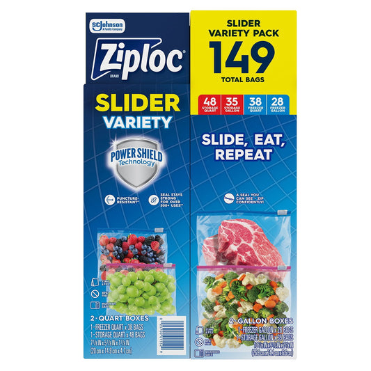 Ziploc Gallon Quart Freezer and Storage Slider Bags Variety Pack, Power Shield Technology – 149 Count