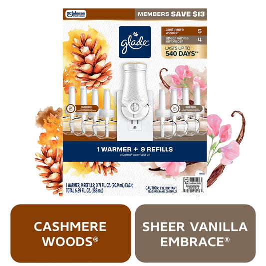 Glade PlugIns Scented Oil, Cashmere Woods with Sheer Vanilla Embrace, 1 Warmer + 9 Refills