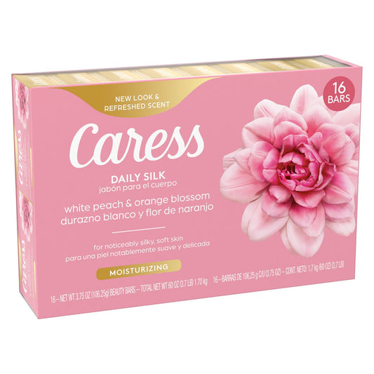 Caress Silkening Daily Silk Beauty Bar, White Peach & Orange Blossom – 3.75 oz, 16 Count