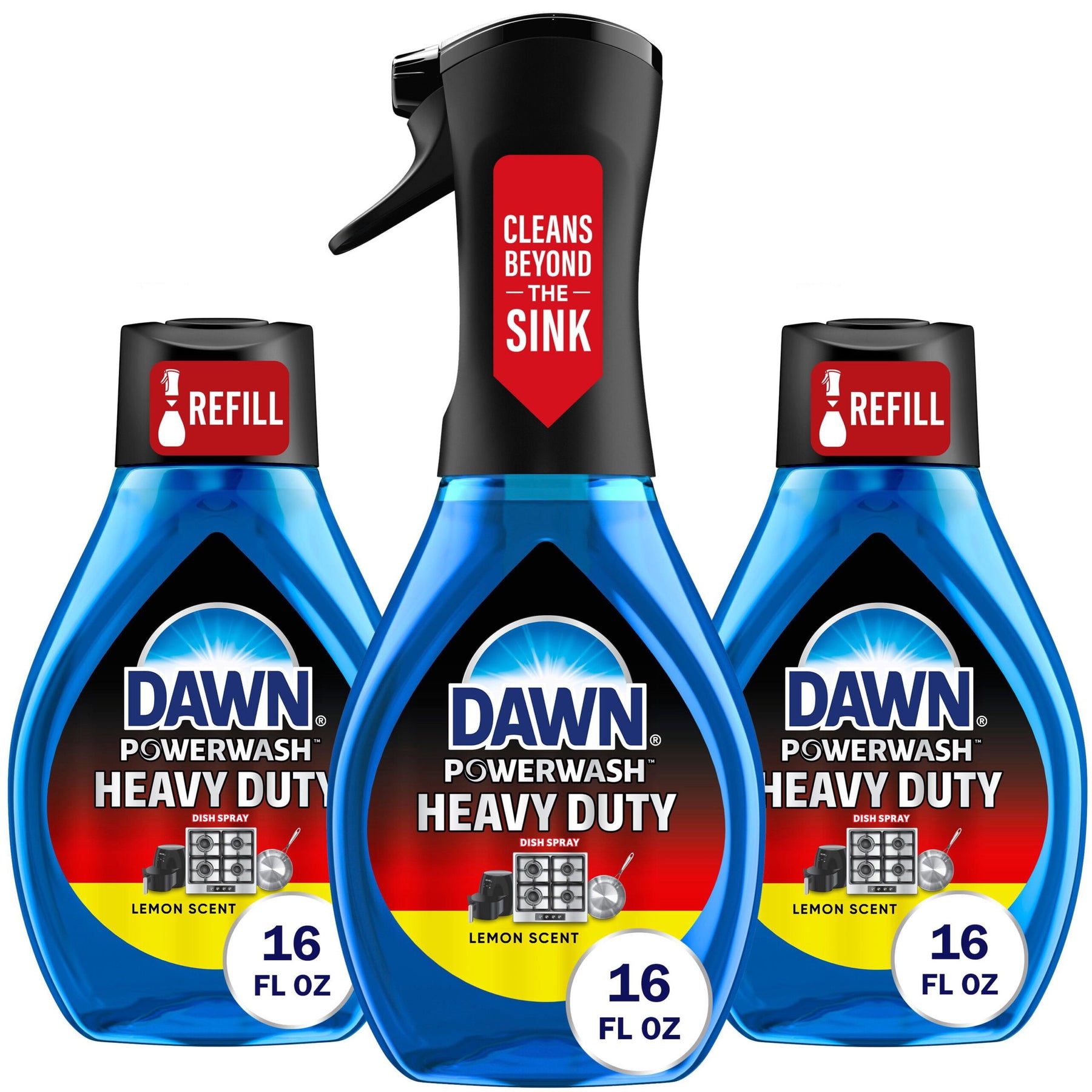 Dawn Powerwash Heavy Duty Dish Spray Bottle Set, Clean Lemon Scent, 1 Spray Bottle + 2 Refills, 48 fl. oz