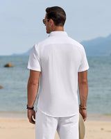Men’s White Linen Blend Short Sleeve Shirt with Pocket – Large
