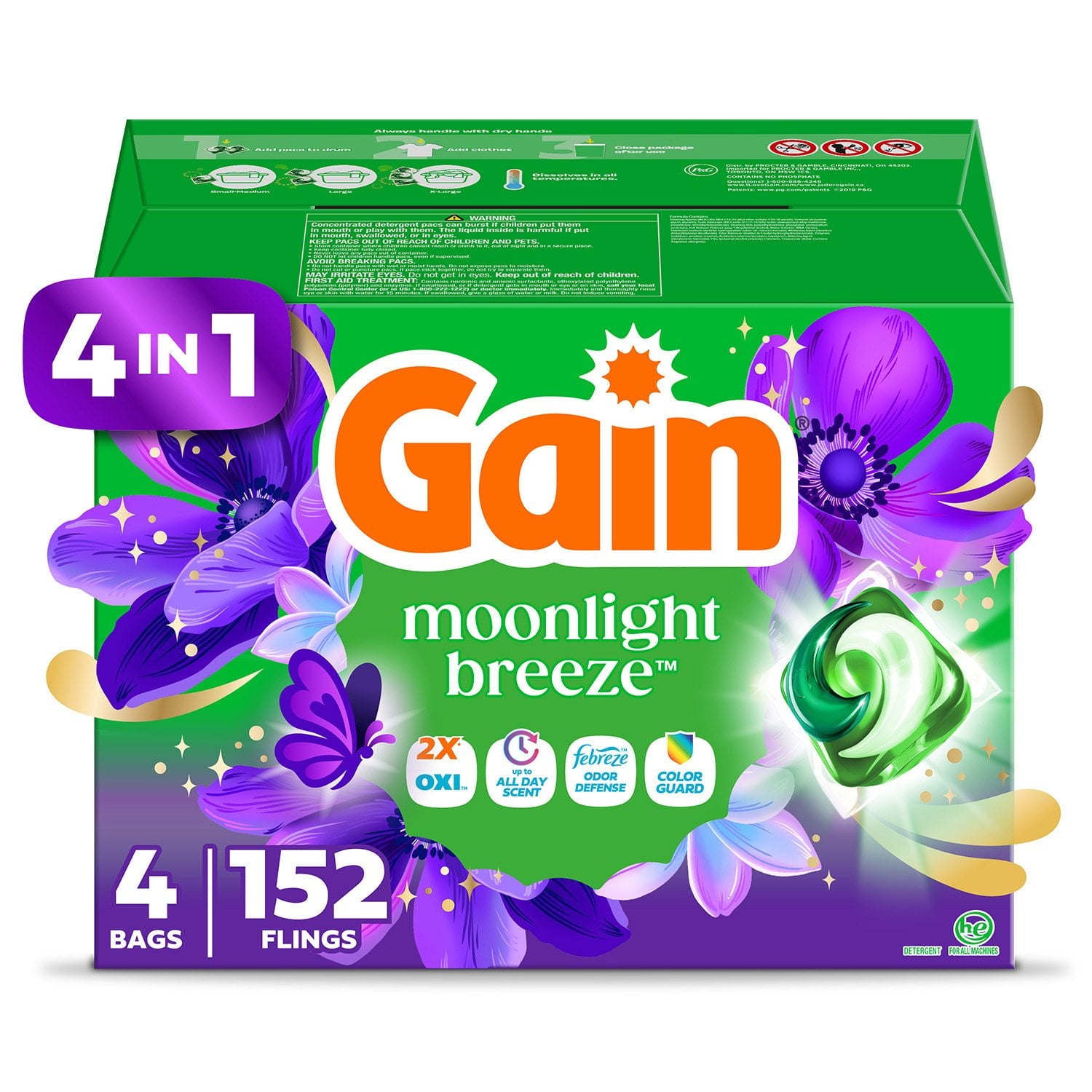 Gain Flings 4 in 1 Laundry Detergent Pacs, Moonlight Breeze – 152 Count