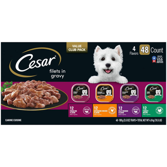 Cesar Filets in Gravy Wet Dog Food Steak and Poultry Variety Pack – 3.5 oz, 48 Count