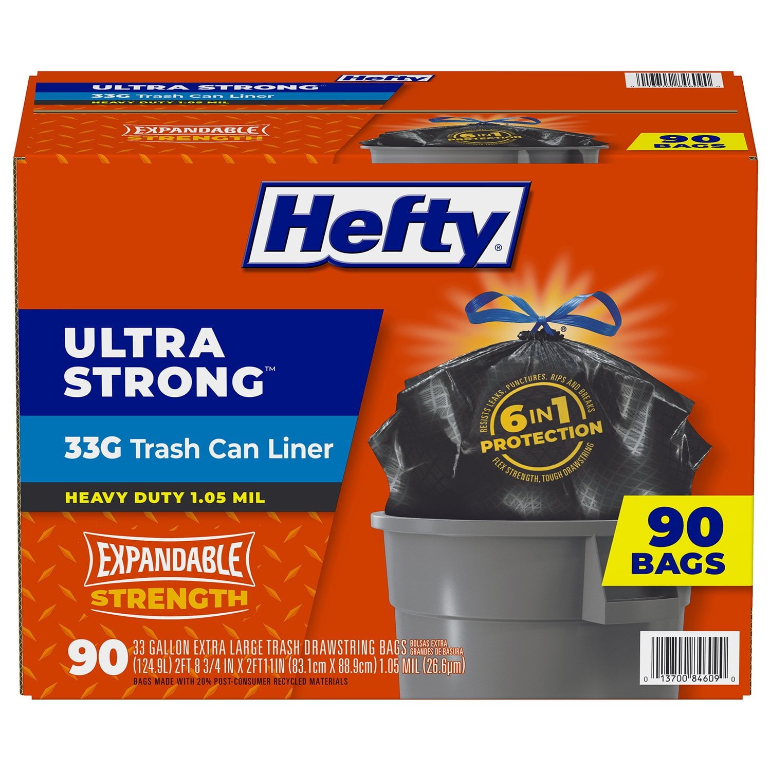 Hefty Ultra Strong Drawstring Trash Bags, Unscented 33 gal. – 90 Count