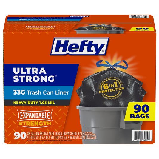 Hefty Ultra Strong Drawstring Trash Bags, Unscented 33 gal. – 90 Count